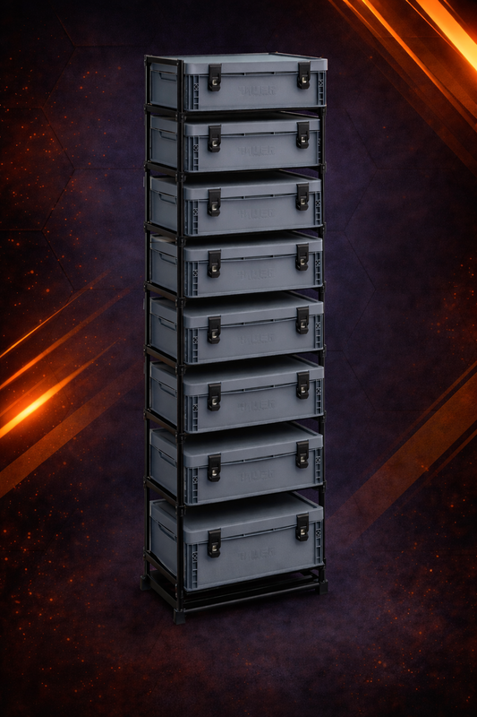 Modulares Technik-Regalsystem mit Lagerkisten